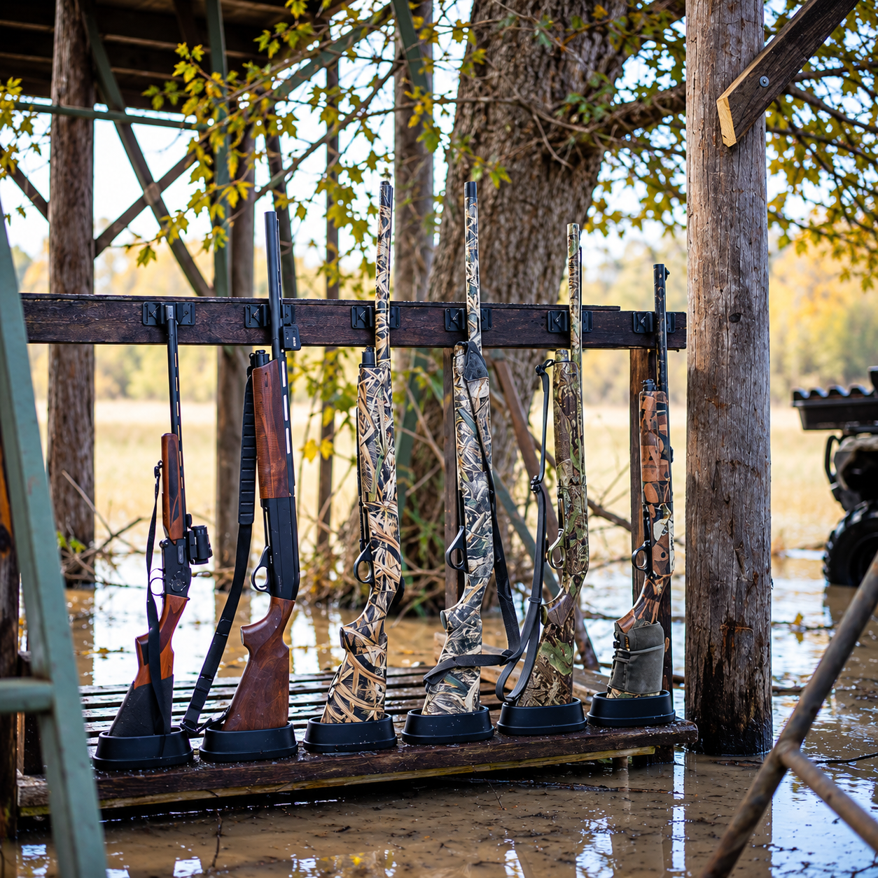 CoJo gun rack mounted in a rustic duck blind