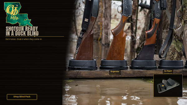 Shotgun ready in a duck blind with Assperatus cups and Gun Magnet inset
